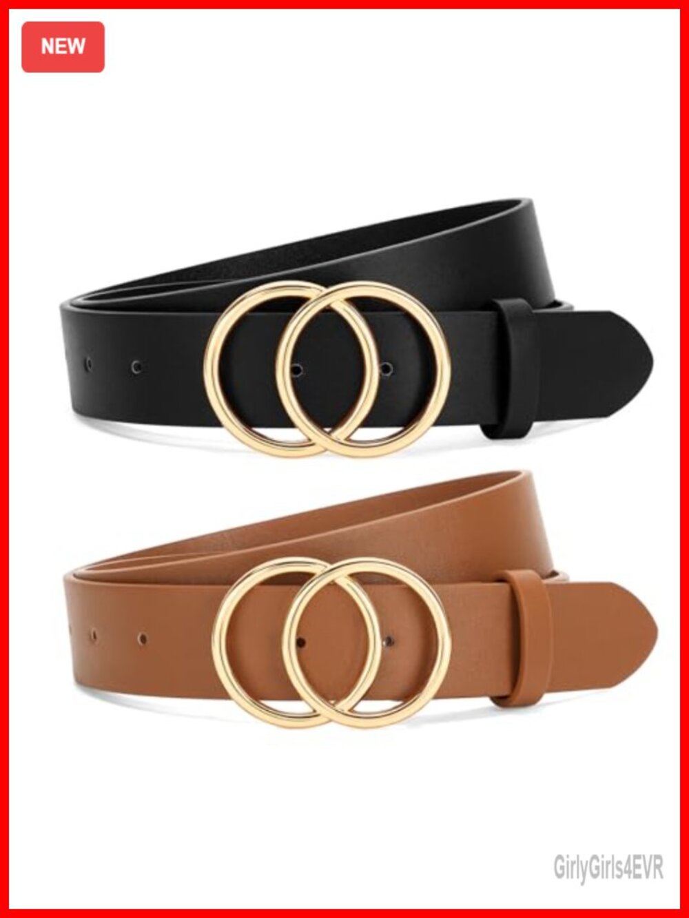 2 Pack Women Faux Leather Belts Double O Ring Gold Buckle